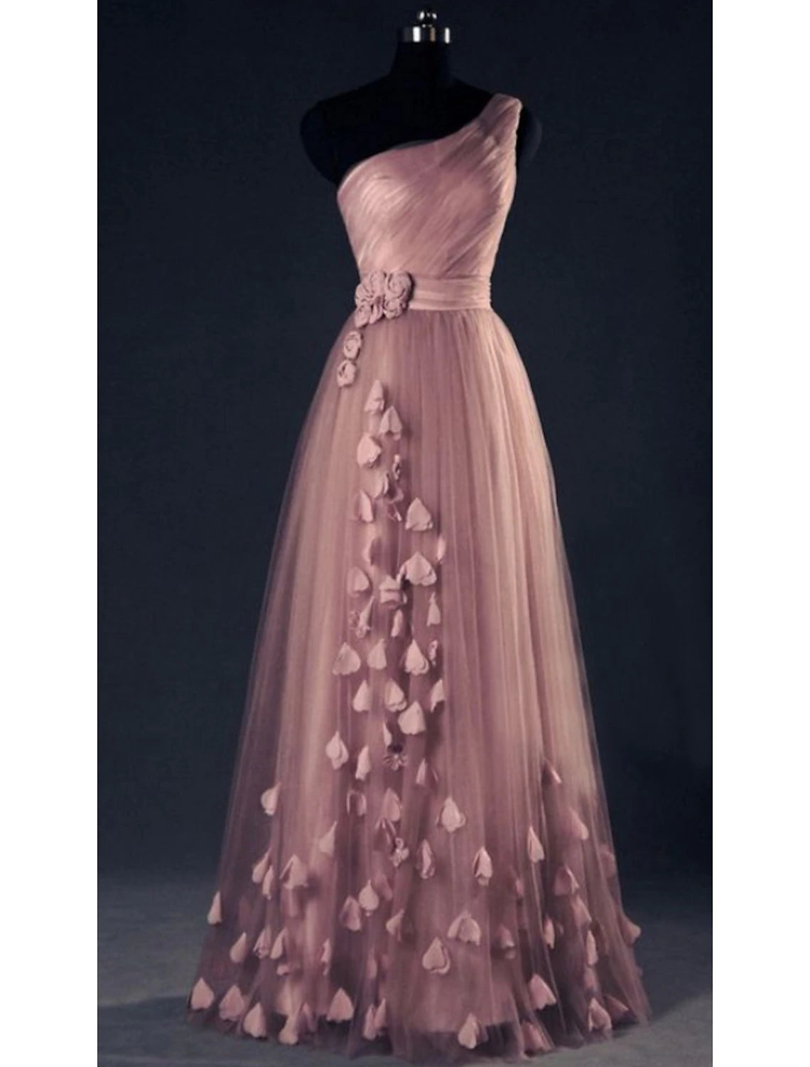 Wholesale  A-Line Prom Dresses Floral Dress Wedding Guest Prom Floor Length Sleeveless One Shoulder Tulle with Appliques